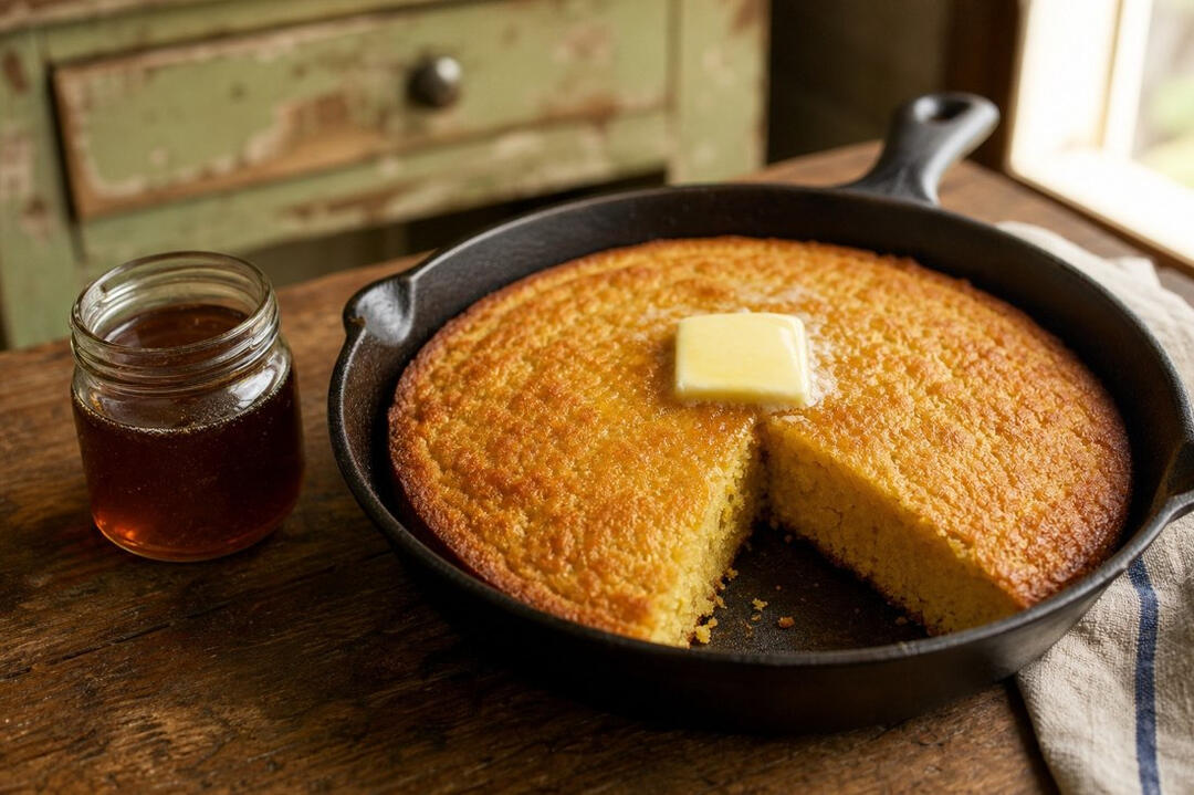 Skillet cornbread in a black cast-iron pan with butter