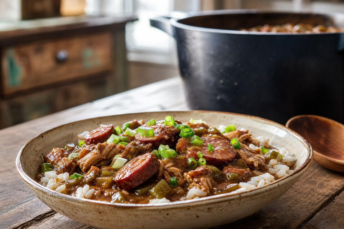 A bowl of chicken and sausage gumbo over white rice