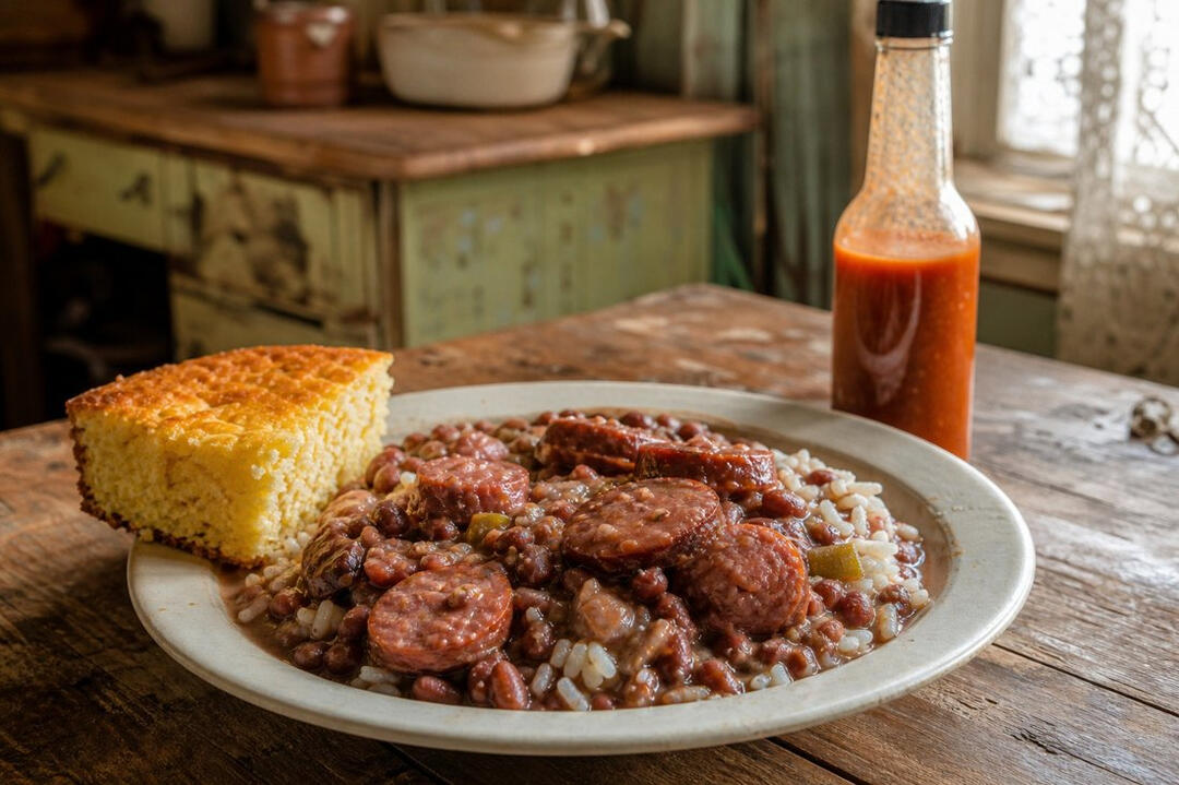 Red beans and rice with smoked sausage and a piece of cornbread