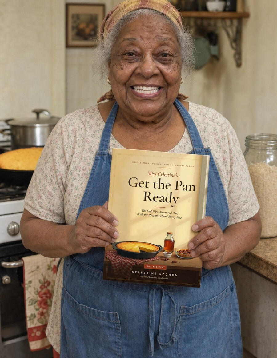Miss Celestine in her kitchen holding a copy of Get the Pan Ready